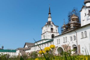 Белая колокольня Соловецкого монастыря и цветы на лугу
