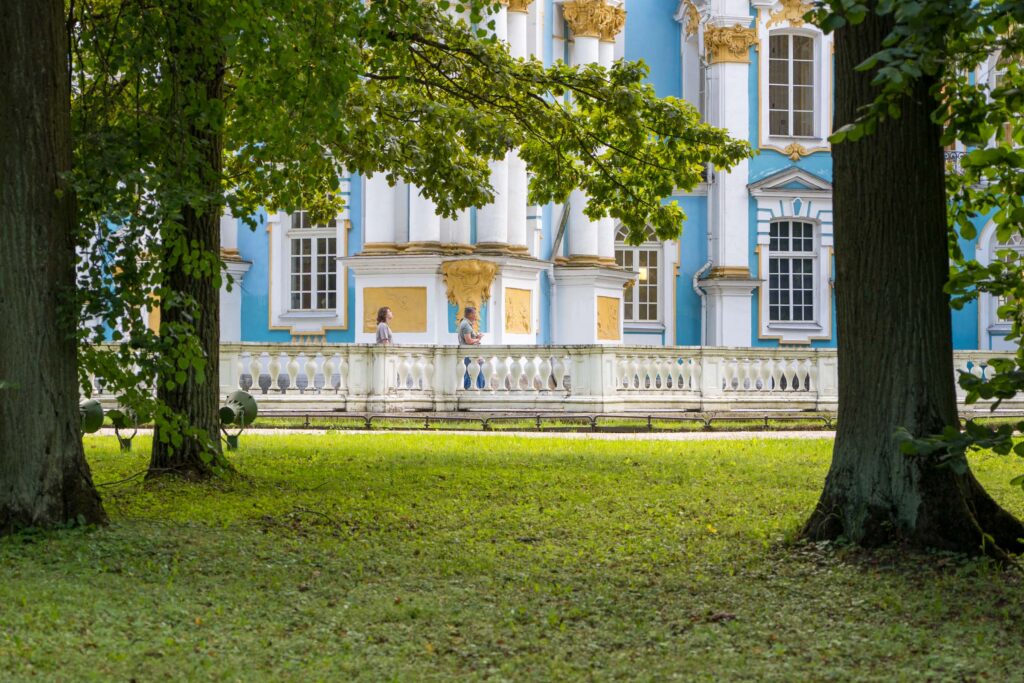 Екатерининский дворец виден между стволами старых парковых деревьев